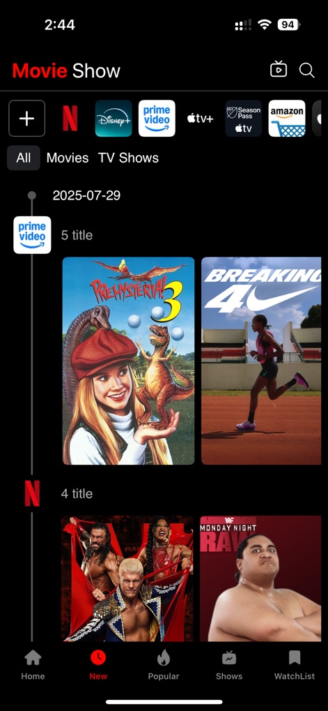 Movie Flex: Movies & TV Show - Les utilisateurs explorent les nouveautés avec une chronologie des dates de sortie et des regroupements par service de streaming, ainsi que des filtres 'All', 'Movies' et 'TV Shows'.