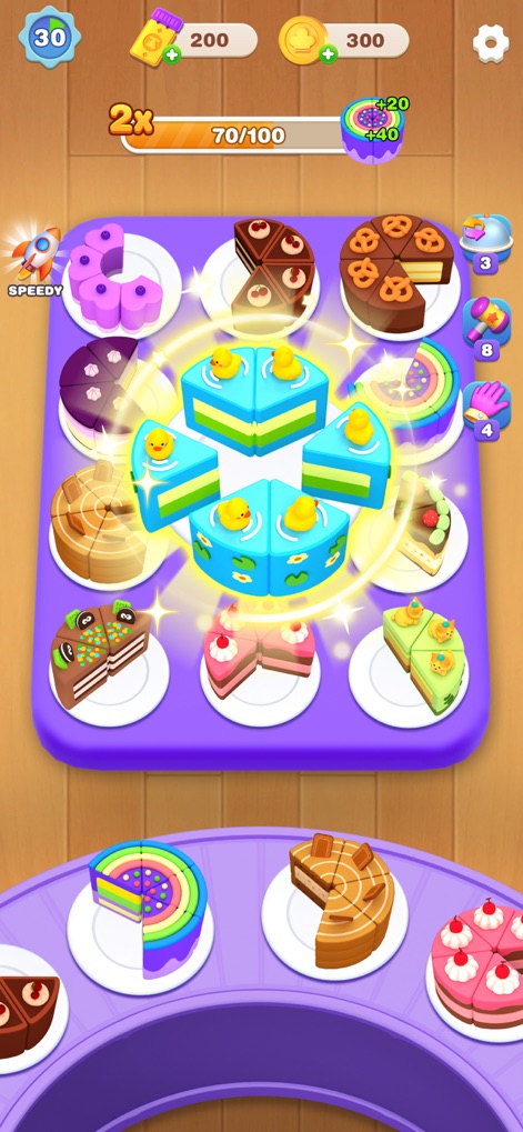 Cake Sort Master-Color Puzzle - Admirez les gâteaux uniques et adorables, tels que ce gâteau bleu aux canards, résultat de fusions réussies et de motifs éclatants.