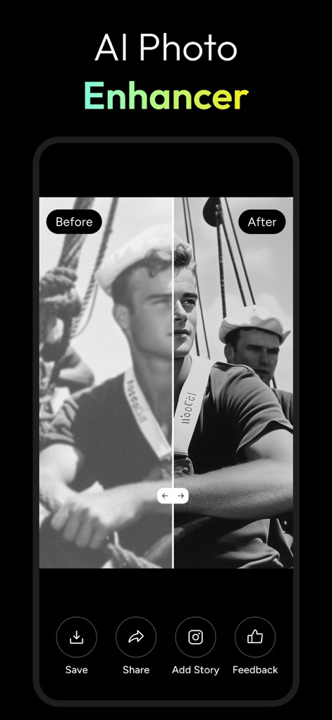 AI Photo Generator - Fotorama - Witness the app's powerful photo enhancement capabilities, demonstrating improved clarity with a split-screen before/after view and social sharing icons.