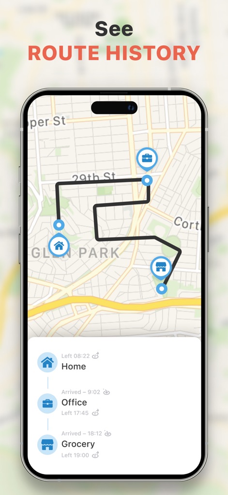 Find my Phone - Family Locator - Esta herramienta permite revisar el historial de ubicaciones, mostrando el trazado de la ruta en negro sobre el mapa y una lista detallada de los lugares visitados con sus respectivas horas.