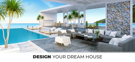 My Home Makeover: Dream Design - La aplicación invita a los usuarios a crear sus espacios ideales, destacando una piscina infinita y un mobiliario de salón al aire libre con vista al mar.