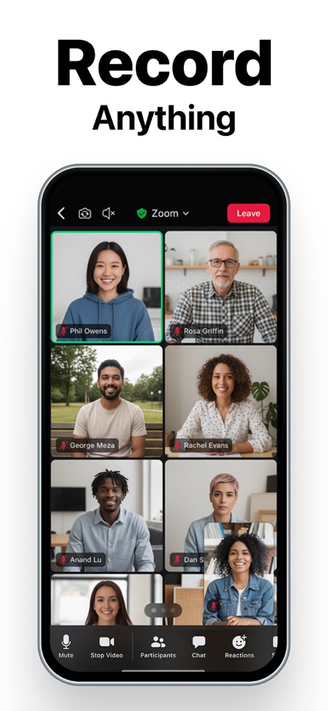 Screen Recorder - Illustrates the app's capability to seamlessly record virtual meetings, featuring a clear grid of participants and essential meeting controls.
