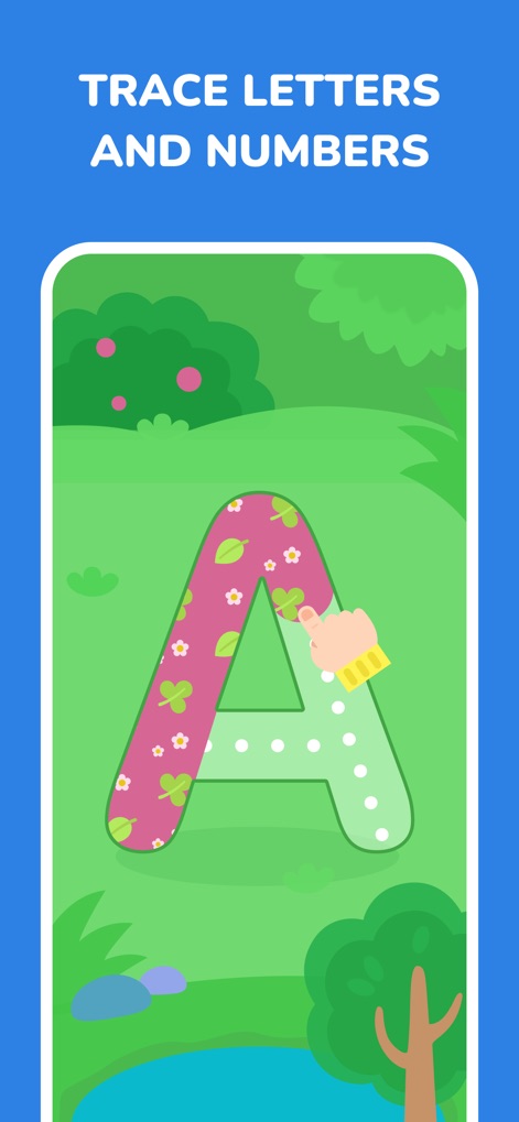 Intellecto Kids Learning Games - Los niños pueden practicar el trazado de letras mayúsculas con un método visual y guiado, como se observa en la figura de la letra 'A' con puntos para seguir y un dedo virtual indicando el movimiento.