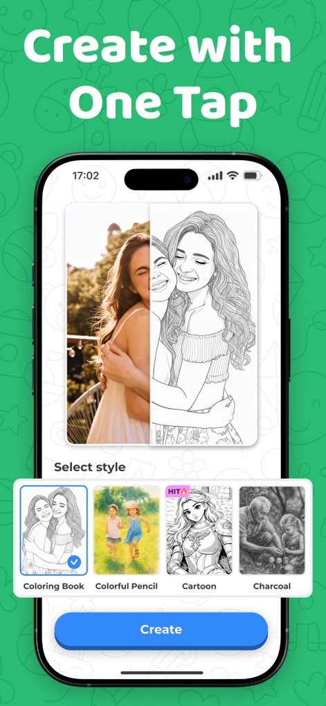 Sketchfy: Coloring Book Maker - Das Bild zeigt die einfache Auswahl verschiedener Stile, wie "Coloring Book" und "Cartoon", die per Tipp angewendet werden, um ein Foto schnell in eine kunstvolle Skizze zu verwandeln.