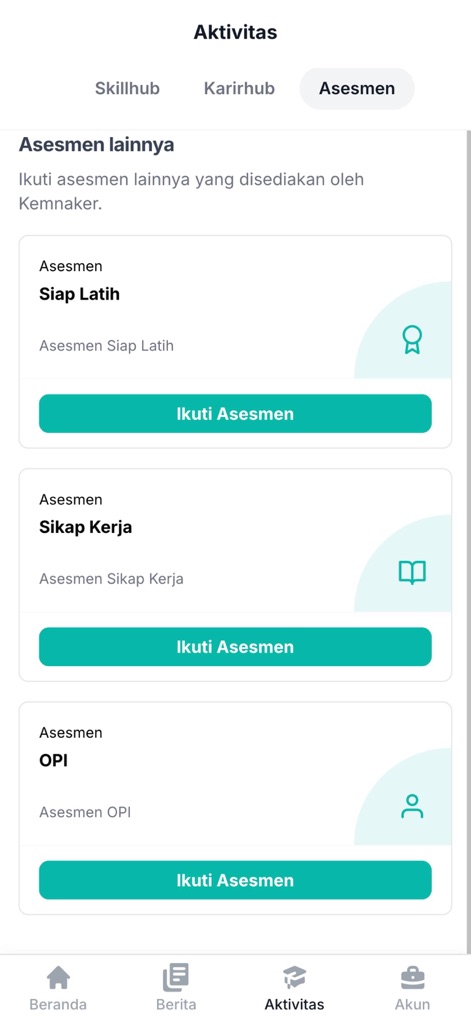 SIAPkerja Kemnaker - Users can explore various assessment types under the 'Asesmen' tab, such as 'Asesmen Siap Latih' and 'Asesmen Sikap Kerja', each with a clear 'Ikuti Asesmen' call to action.