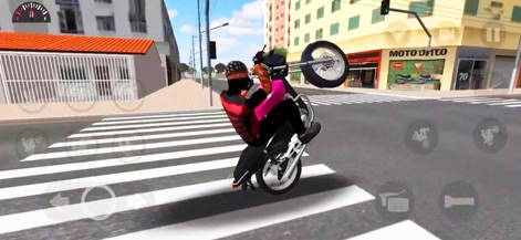 Openworld Moto Bike Stunt Game - Esta imagen ilustra cómo los usuarios pueden dominar el arte de las acrobacias en entornos cotidianos, como una intersección urbana con un paso de cebra, mientras se aprecian los detalles de los edificios y las fachadas de las tiendas.