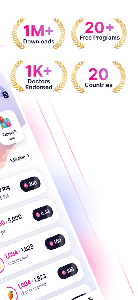 Elfie - Health & Rewards - La aplicación demuestra su impacto global con más de "1M+ descargas" y la confianza de "1K+ médicos" que la respaldan activamente.