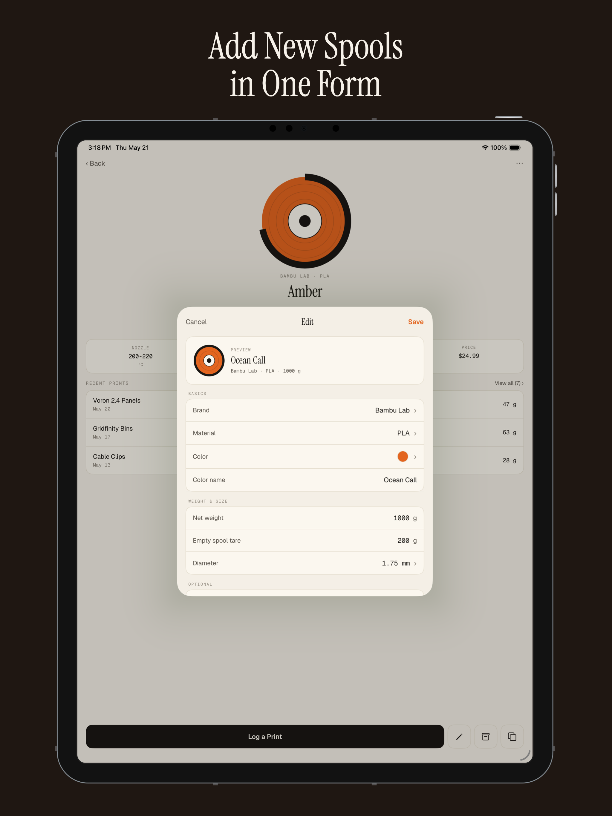 Spool Log - 3D Print Manager
