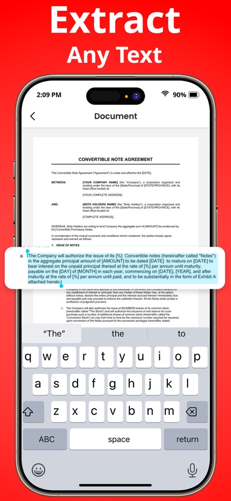 PDF Reader - Scanner app - Das Bild zeigt die Fähigkeit der App, Text aus Dokumenten hervorzuheben (X), wie zum Beispiel in einem Convertible Note Agreement, und bietet gleichzeitig eine Tastatur (Y) für die direkte Bearbeitung oder Nutzung des extrahierten Inhalts.