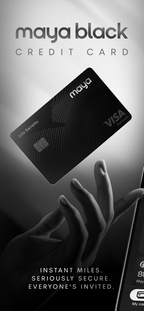 Maya – savings, loans, cards - Discover the sleek design of the Maya Black Credit Card, showcasing its premium aesthetic and the promise of 'Instant Miles' and enhanced security features.