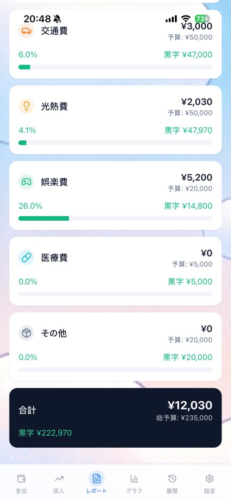 支出分析グラフの画面