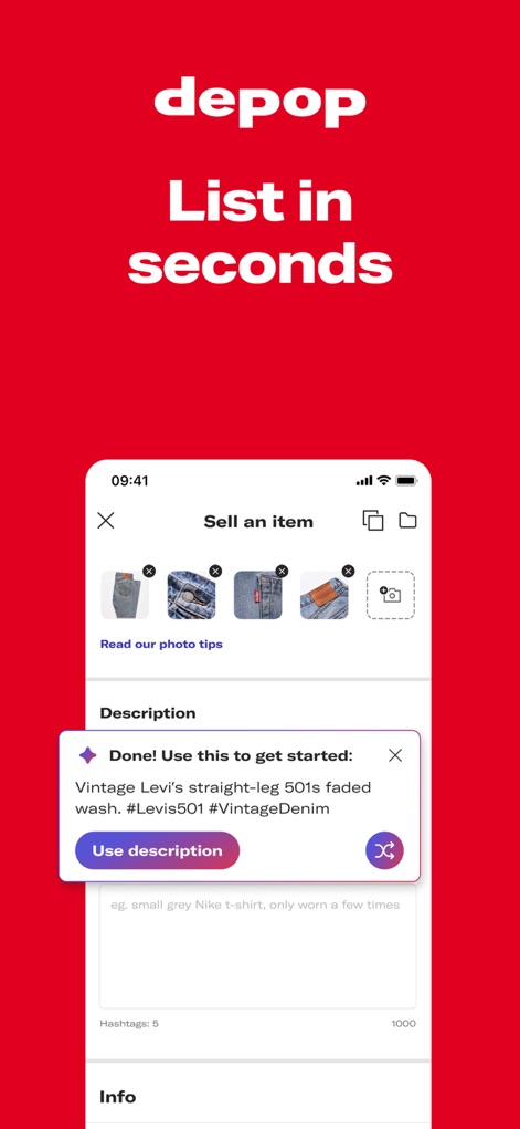 Depop - Buy & Sell Clothes - L'interfaccia di caricamento degli articoli, che include la possibilità di aggiungere foto e l'opzione "Use description" suggerisce una rapida messa in vendita.