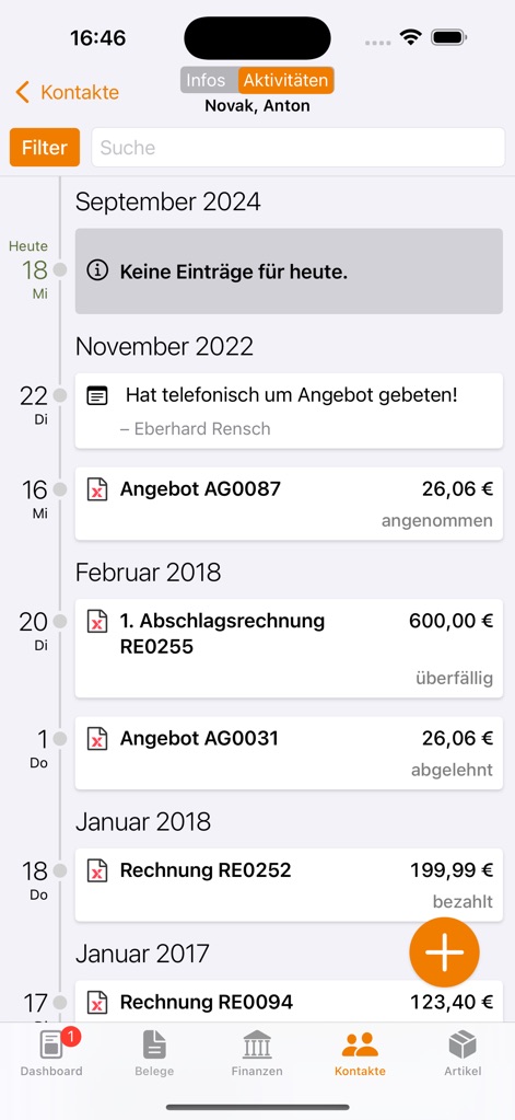 Lexware - Review a comprehensive chronological log of all client interactions, highlighting past offers and invoices, alongside important custom notes.