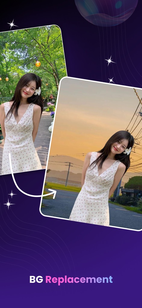 AgeLapse – Face Age Changer - Users can creatively transform their images using the "BG Replacement" tool, showcasing a seamless transition from an "outdoor garden" scene to a vibrant "sunset landscape".