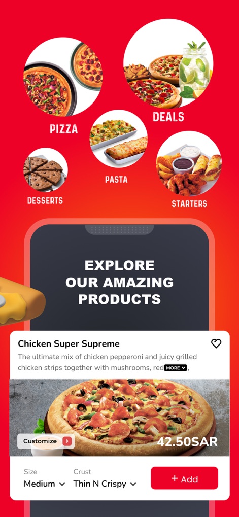 Pizza Hut KSA - Order Food Now - O aplicativo organiza os produtos em categorias visuais como "PIZZA" e "DEALS", e exibe detalhes de um item como "Chicken Super Supreme" com preço.