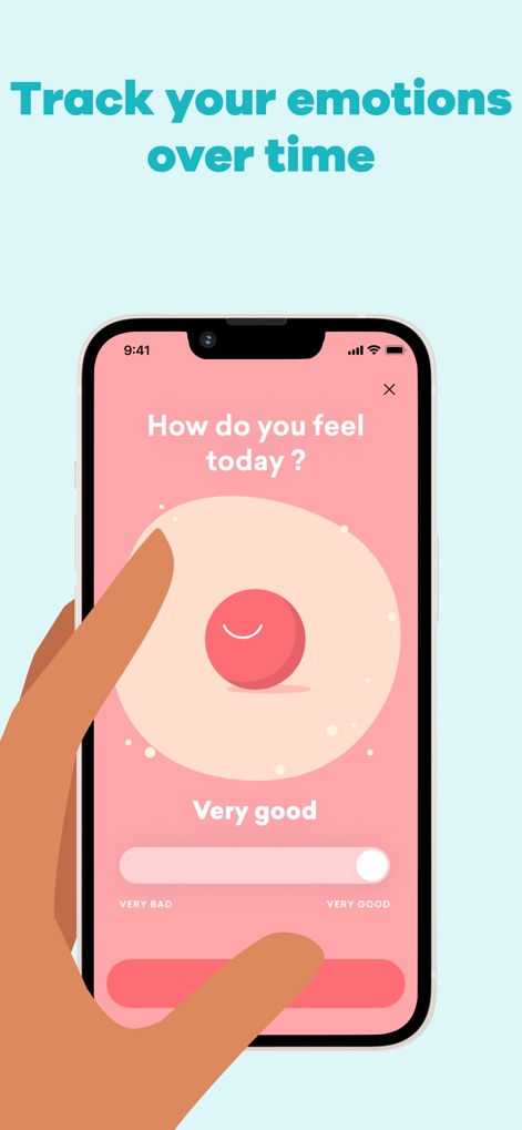 MindDay: Mental Health, Stress - Cet outil permet un suivi quotidien de l'humeur, où les utilisateurs peuvent évaluer leur bien-être actuel grâce à un curseur visuel et une animation de smiley central.