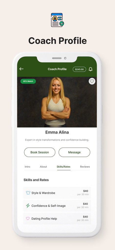 MUSE - Become Your Best Self - Users can explore a coach's detailed profile, featuring their specific expertise and transparent skill-based session rates, to find the ideal mentor for personal development.