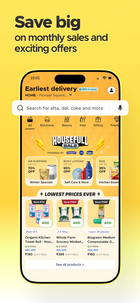 Blinkit: Groceries & more - The app prominently displays 'HOUSEFULL SALE' banners and clear percentage discounts, allowing users to easily spot deals and 'Save big' on various products.