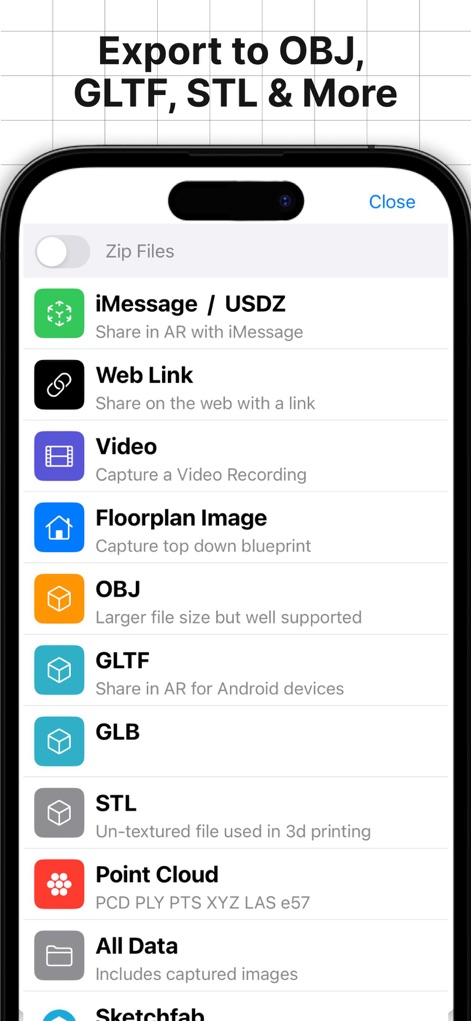 3d Scanner App™ - La herramienta ofrece una flexibilidad de exportación excepcional, permitiendo a los usuarios compartir sus creaciones en formatos estándar como OBJ, GLTF y STL, así como opciones especializadas como Nube de Puntos (Point Cloud) e imágenes de planos de planta.