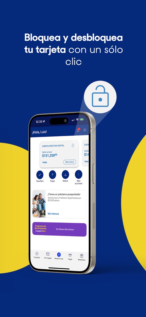 BanCoppel - The platform offers immediate control over banking cards, featuring a personalized "¡Hola, Luis!" greeting and a straightforward option to block or unblock cards.