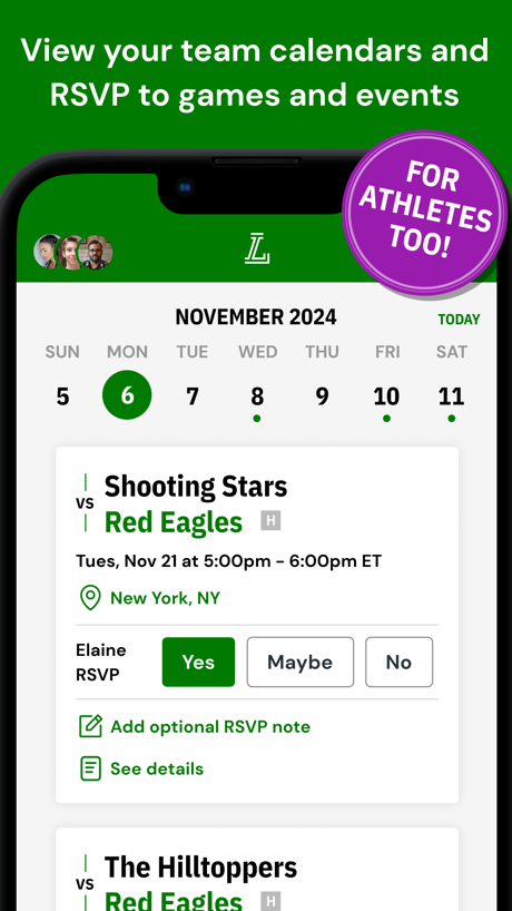 LeagueApps Play App Store screenshot 3, headline “View your team calendars and RSVP to games and events”. Phone cut off at the head.
