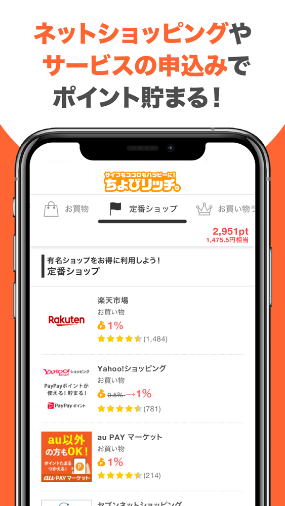 ネットショッピングやサービスの申込みでポイントが貯まると紹介する画面。定番ショップの一覧に還元率が表示されている