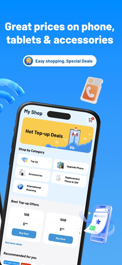 AirTalk Wireless - Esta ferramenta oferece uma seção de compras completa, com categorias organizadas para smartphones e acessórios, e um banner claro de "Hot Top-up Deals" (Ofertas Quentes de Recarga) que apresenta promoções imperdíveis.