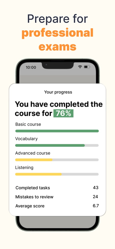PeakTalk: Job-specific English - Os usuários podem monitorar seu desempenho e avanço com uma visão detalhada, exibindo a porcentagem de conclusão de cursos e métricas como "Completed tasks" e "Mistakes to review", essenciais para o aprimoramento.