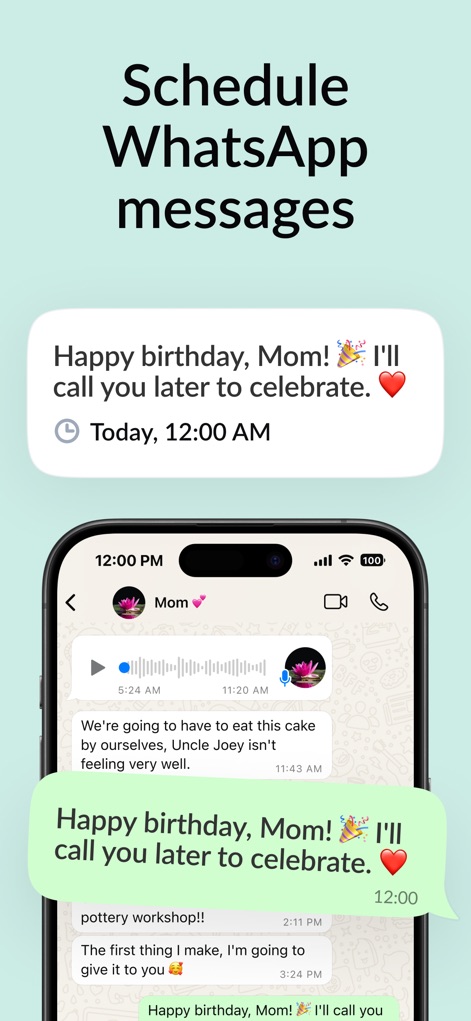 Zapia AI - Personal Assistant - See how the app allows users to compose future messages and select a precise date and time for delivery, displayed clearly within the WhatsApp chat interface.