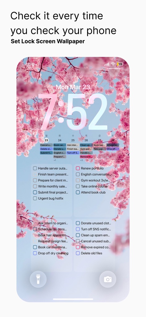 Eisenhower Matrix: Todo & Task - ロック画面の壁紙にタスクリストを設定することで、スマートフォンを見るたびに自分のToDoを確認できます。日付情報とタスクリストが統合された壁紙表示により、日常的にタスク意識を高く保てます。