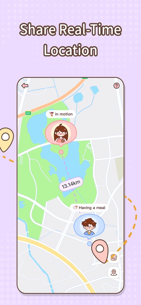 Sweetly-the world for couples - The tool provides a dynamic map display for real-time partner tracking, showcasing precise locations and current activities like "in motion" indicators.