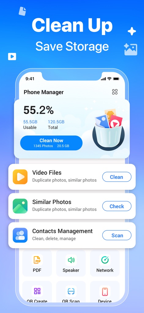 AI Cleaner : Clean Storage - Discover how AI Cleaner : Clean Storage provides a comprehensive 'Phone Manager' dashboard, clearly displaying storage usage metrics and offering direct access to essential cleaning categories like 'Video Files' and 'Similar Photos'.