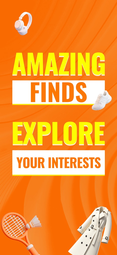 Temu: Shop Like a Billionaire - このアプリは「AMAZING FINDS EXPLORE YOUR INTERESTS」というキャッチフレーズで、ユーザーにヘッドフォンやスニーカーといった多様な商品カテゴリの魅力を視覚的に提示し、無限の発見を促します。
