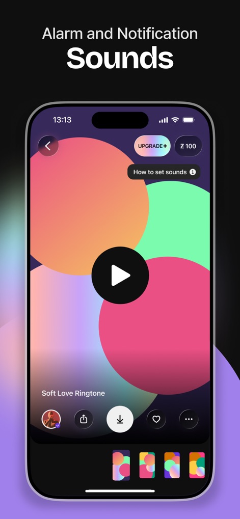 ZEDGE™ Ringtones & Wallpapers - Discover a wide range of 'Alarm and Notification Sounds', with a clear central play button for instant preview and intuitive download and share icons.