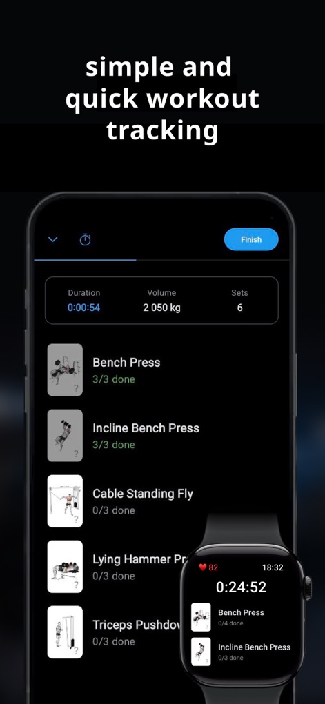 Lyfta: Gym Workout Tracker Log - The app offers a clear workout logging interface on the phone and real-time exercise tracking via Apple Watch integration for efficient sessions.
