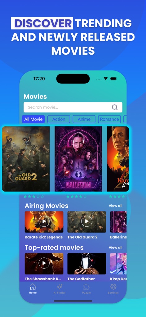 Crackle : Movies and Tv Shows - Users can discover trending titles and top-rated films, with intuitive filters like 'All Movie' and 'Action' simplifying content navigation.