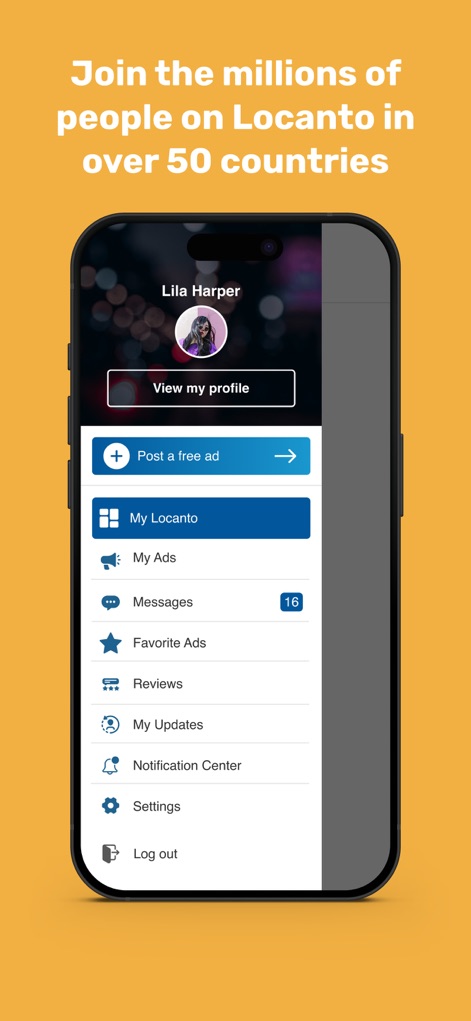Locanto - Classifieds App - Esta pantalla permite a los usuarios acceder fácilmente a su perfil personal para ver y gestionar sus datos, así como al centro de mensajes para interactuar con otros miembros de la comunidad.
