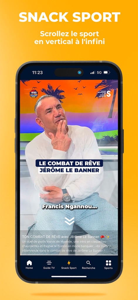 Sport en France - The app delivers modern, short-form 'Snack Sport' content optimized for vertical video consumption, presenting key moments and stories with a prominent title overlay and a concise description.