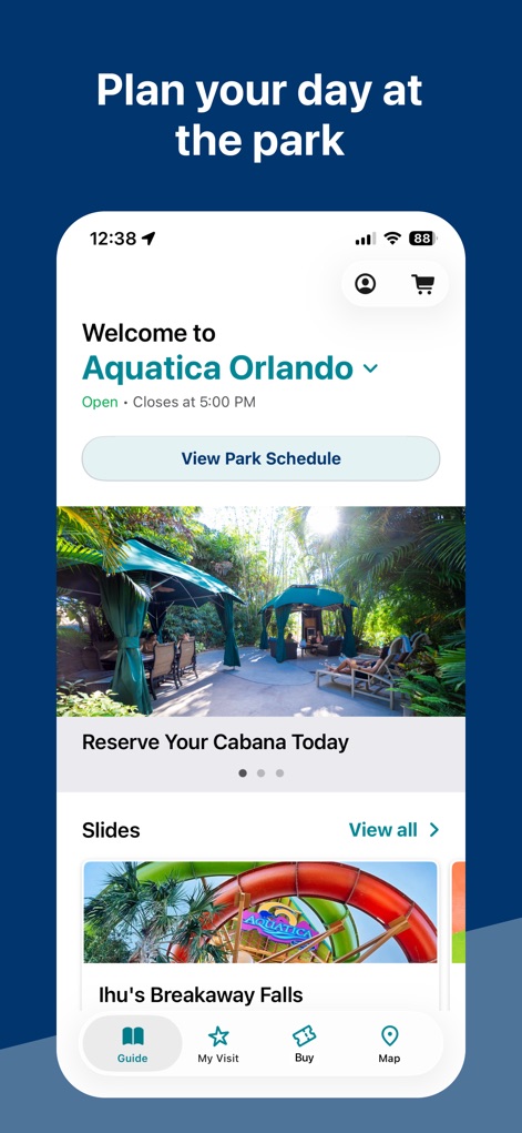 Aquatica - See how the app streamlines park planning with a clear park schedule and convenient cabana reservation options.