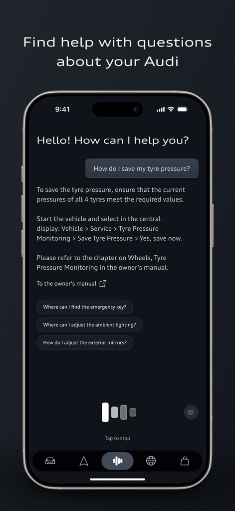 myAudi - L'assistente AI risponde a domande specifiche, come "Come salvo la pressione pneumatici", fornendo istruzioni dettagliate passo-passo per gli utenti.