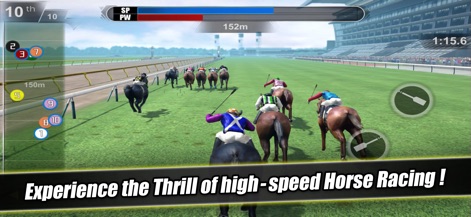 iHorse™ G1 Leading Sire - La aplicación muestra carreras de caballos en curso con gráficos 3D realistas y un indicador de distancia y posición en la parte superior, permitiendo a los usuarios sentir la emoción de la velocidad.