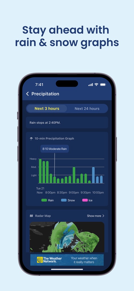 The Weather Network - この機能は、「10分ごとの降水グラフ」を提供し、雨や雪の強さを視覚的に表示します。ユーザーは「雨が止まる正確な時刻」を分単位で確認できるため、外出のタイミングを精密に計画できます。