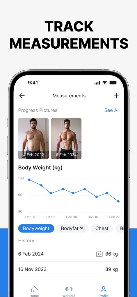 Hevy - Workout Tracker Gym Log - Review the comprehensive measurement tracking interface, featuring side-by-side "Progress Pictures" and an interactive graph for "Body Weight" history.