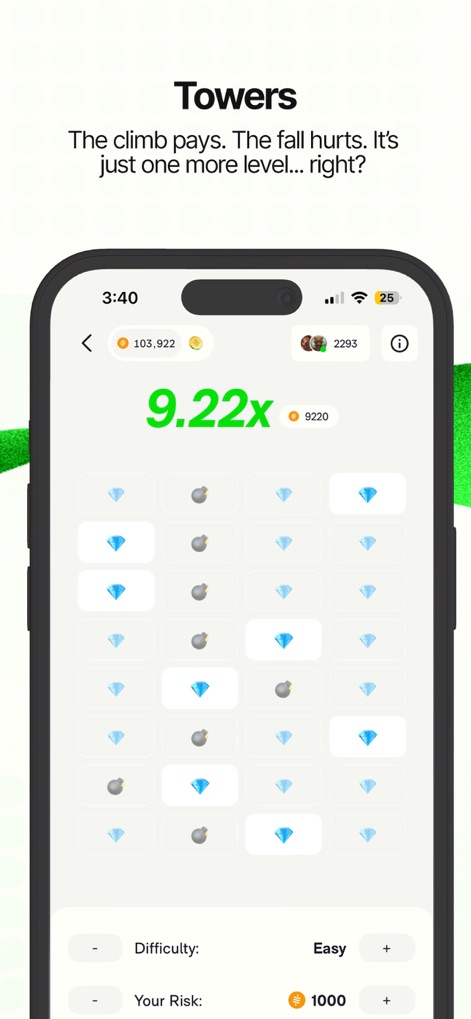 Ember - Free Games. Big Wins. - Nel gioco "Towers", gli utenti navigano una griglia verticale (X) scegliendo tra gemme e bombe per avanzare di livello e aumentare il moltiplicatore (Y).