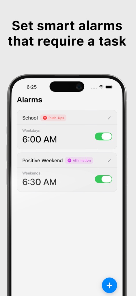 Erly: Wake Up Early - Users can configure multiple alarms with specific tasks like 'Push-Ups' or 'Affirmation' to ensure they fully engage with the morning routine.