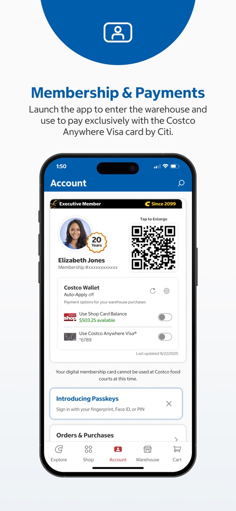 Costco - This section streamlines membership management, presenting a digital membership card with a scannable 'QR code' and integrated 'Costco Wallet' options for seamless transactions.
