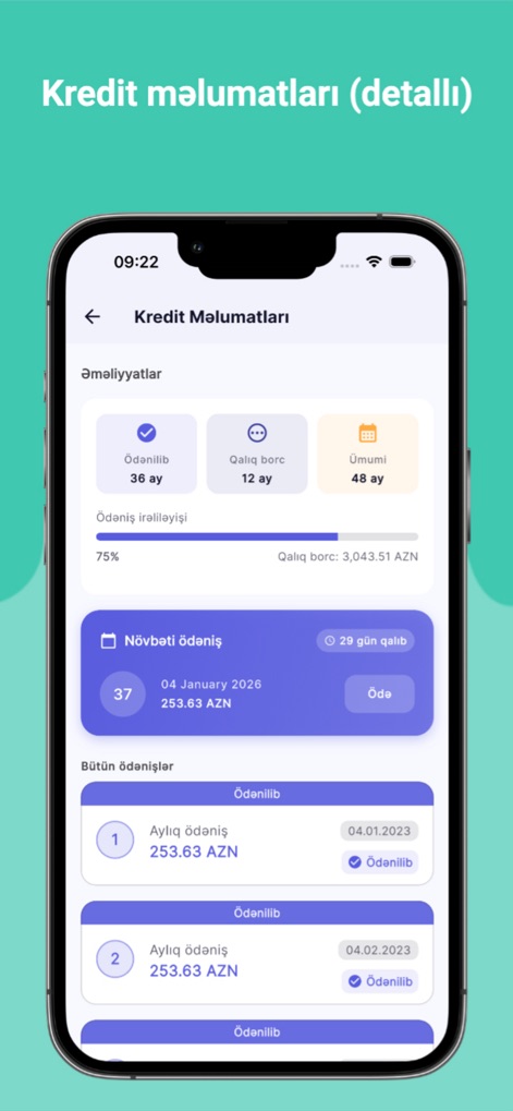 Kredit Hesabla - PulApp - Gli utenti possono monitorare dettagliatamente i loro prestiti, visualizzando il 'Növbəti ödəniş' (prossimo pagamento) con la data e l'importo, e un riepilogo di tutti i 'Ödənilmiş' (pagamenti effettuati) per una gestione trasparente.