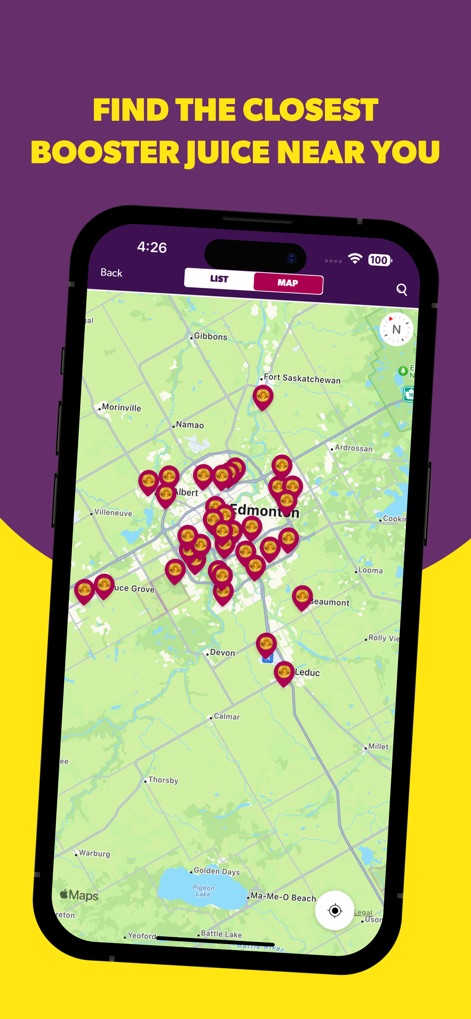 Booster Rewards - Users can quickly locate the nearest Booster Juice using the interactive map with numerous store pin icons and switch between 'List' and 'Map' views.