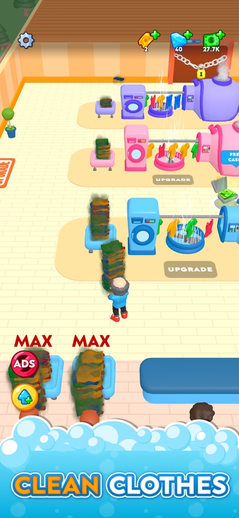 Laundry Rush - Idle Game - Witness the bustling laundry operation, showcasing multiple washing machines and the neatly stacked clean clothes ready for dispatch.