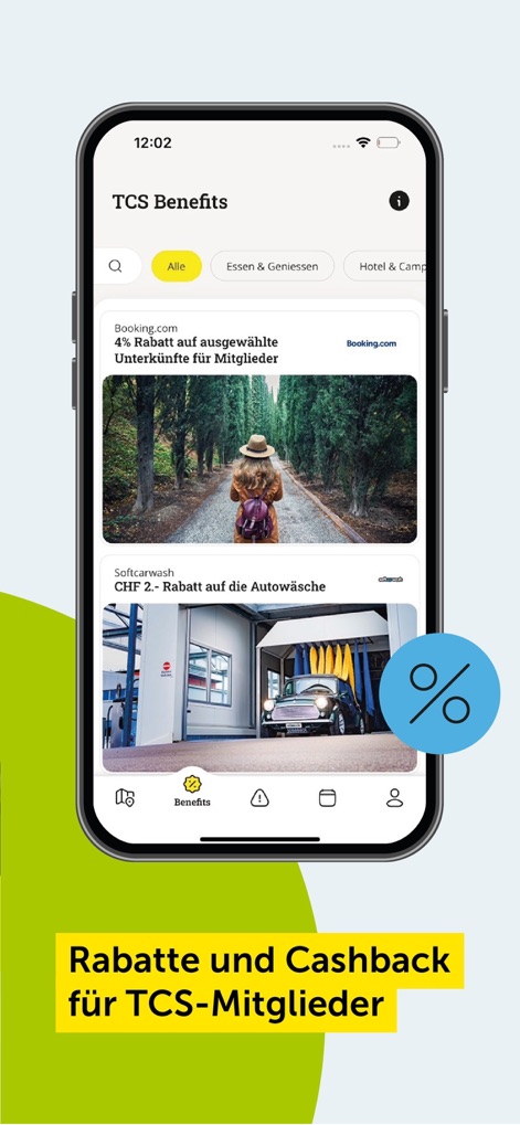 TCS - Touring Club Schweiz - The app presents a comprehensive overview of member benefits, featuring discounts on various services like accommodation and car washes.